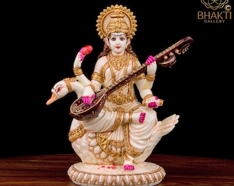 Estátua de Saraswati em um cisne, 21 cm, pintada à mão, em mármore cultivado, figura da deusa Saraswati, deusa hindu do conhecimento, música, arte e sabedoria