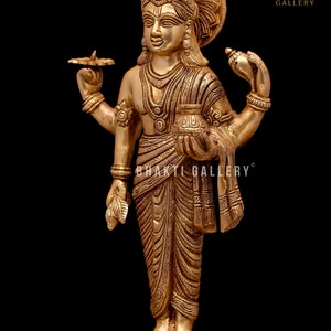 Statuina Indiana In Ottone Dhanvantari - Il Medico Degli Dei, Altezza 38 Cm, Dorato