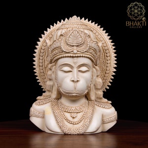 Marble Dust Hanuman Bust Statue, 21 cm Ivory Looks Dust Marble Lord Hanuman Head Idol. Hindu Monkey God of Devotion, Strength & Bhakti