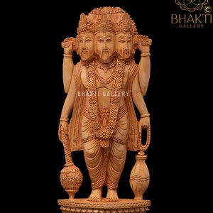 Lord Brahma Statue in wood, Wooden Brahma Statue, Standing Brahma Figure, Hindu God of Creation, Creator of the Universe, Wooden Brahma Idol