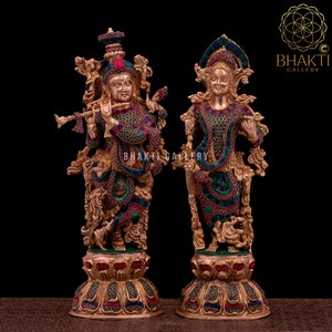 Brass Radha Krishna Statue with Stonework, 46 cm Big Radha Krishna Idol, Radha-Krishna Sculpture, Hindu Marriage Anniversary gift