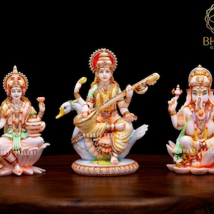 Lakshmi Ganesh Saraswati Statue, Hand Painted Cultured Marble Laxmi Ganesha Saraswati Idol, Hindu God Statues for Home Temple Mandir