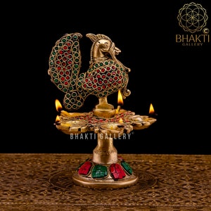 Peacock Design 5 Oil wick Brass Diya with mosaic Stonework, 17 cm Annam Bird Brass Oil Lamp for Home Temple, Decorative Deepak