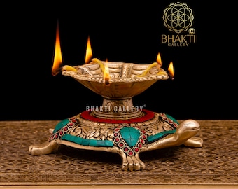 Tortoise Brass Diya with Stonework, 20 cm Turtle Design Brass Oil Lamp Stand, Traditional Indian Oil Lamps, Brass Decorative Diyas