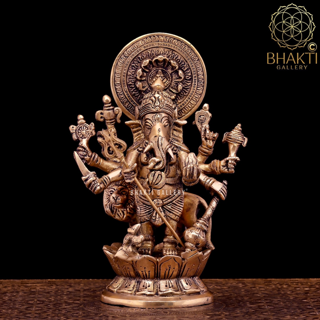 Brass Drishti Ganesh Statue With Lion, 23 Cm Brass Shri Shubh Shubha Drishti Ganapathi Idol