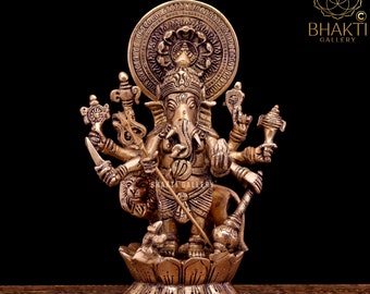 Brass Drishti Ganesh Statue with Lion, 23 cm Brass Shri Shubh Shubha Drishti Ganapathi Idol, Ashtabhuja Dhari Kana Drishti Ganesha Statue.
