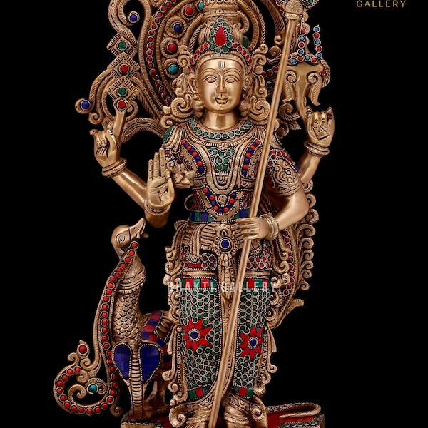Statue du Seigneur Murugan, Seigneur Subramanya, 53 cm Grande Idole kartikeya en laiton avec ouvrages en pierre, statue de Karthikeya, Seigneur Muruga Moorti, Kartik.