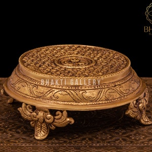 Round Brass Chowki, Brass Pooja Chowki for Home Temple Decor, Puja Mandir Decor, 4 Legs Round Small Chowki in brass, Religious Home Decor