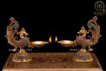 Annam Brass Diya Set of 2 with Mosaic Stonework, 20 cm Peacock Design Brass Oil Lamp, Traditional Indian Oil Lamps, Decorative Brass Deepak.