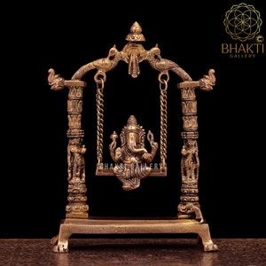 Brass Swinging Ganesha Statue, 29 cm Big Jhoola Ganesh Statue, Brass Ganesha Statue on Swing, Brass Swinging Ganesh, Brass Jhula Ganesh