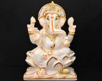 Marble Ganesha Statue, 26 cm big Hand painted White Marble Ganesh Statue, Lord Ganapathi Idol, House warming gift, Gift for new beginnings