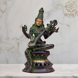 Brass Saraswati Statue, 31 cm Big Antique Finish Goddess Saraswati Idol, Hindu goddess of Arts, Music & Knowledge, Saraswathi Figure