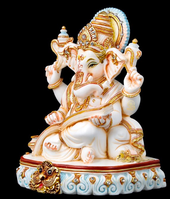Hindu Elephant God,Vinayak,Ganapati God of good luck.set of 2 Ganesh statue cultured marble Lord Ganesha idol on leaf Ganesha statue