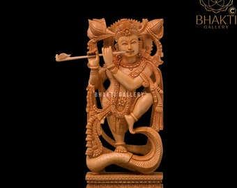 Wooden Krishna Statue | 25 cm Handmade Lord Krishna Statue in Wood | Marriage Anniversary gift | Wood Krishna Figure | Religious Home Decor