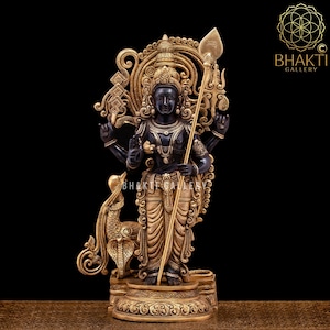 Estátua grande de Lord Murugan em latão, 53 cm grande com acabamento dourado preto Estátua de Kartikeya em latão, Ídolo Karthikeya, Lord Muruga, Subramanya Morti