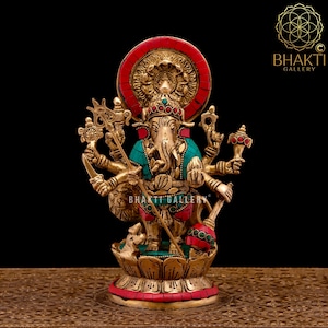 Brass Drishti Ganesh Statue, 23 cm Small Size Brass Shubh Drishti Ganesha Statue, Ashtabhuja Dhari Kana Dhrishti Ganapathi Idol with Lion