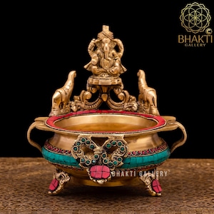 Brass Ganesh Urli with Elephants, 20 cm Brass Ganesha Urli with Stonework, Traditional Brass Bowl Art, Floating flowers Candles Diya Pot.