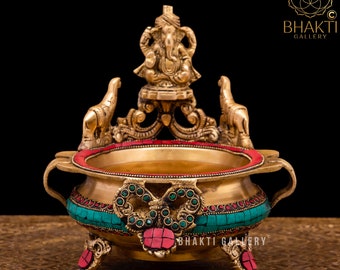 Brass Ganesh Urli with Elephants, 20 cm Brass Ganesha Urli with Stonework, Traditional Brass Bowl Art, Floating flowers Candles Diya Pot.