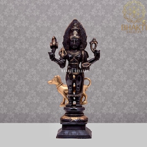Lord Bhairav Statue, 29 cm big Black Golden Finish Brass Kaal Bhairav Statue, Kala Bhairava Statue with Dog, Maha Kaal Bhairava Idol