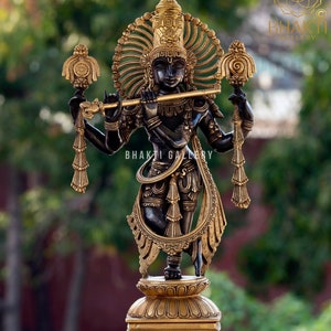 Brass Krishna Statue Large, 60 cm Big Large Size Black Golden Finish Lord Krishna Statue, Home Entrance Decor, Housewarming gift