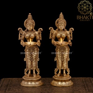 Brass Deep Lakshmi Statue pair, 30 cm Big Golden Finish Brass Deepalakshmi idol, Brass Deep Laxmi Oil Lamp Pair, Brass Deepalaxmi figure.
