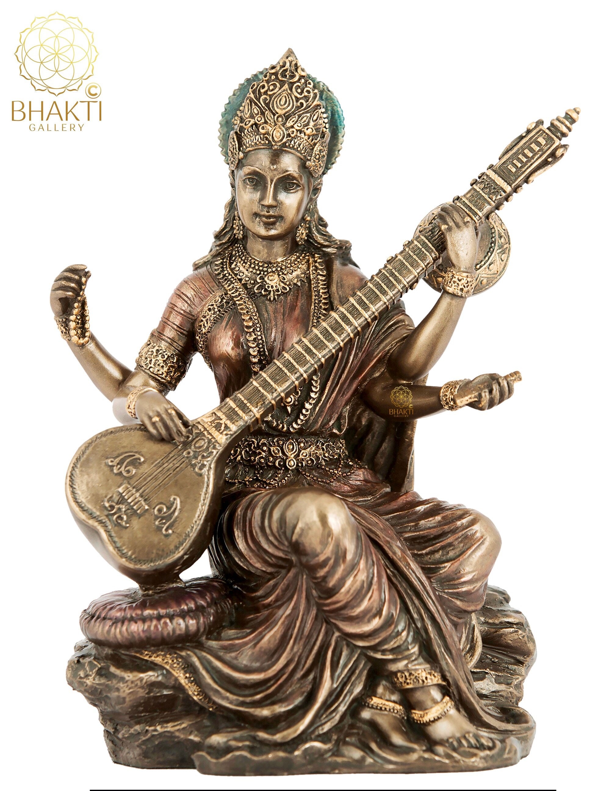 Saraswati Statue, Sarasvati Idol, 15 CM Bonded Bronze Goddess 