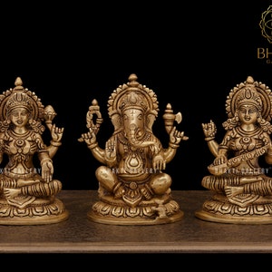 Brass Lakshmi Ganesh Saraswati Statue, 19 cm Golden Finish Brass Laxmi Ganesha Saraswati Idol, Hindu god statues, House warming Gift