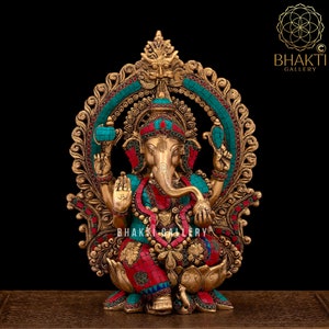 Brass Ganesha Statue, 40 cm Big Large Size Brass Ganesh Statue with Stonework, House warming gift, hindu wedding gift, Elephant God Statue