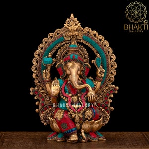 Brass Ganesha Statue, 40 cm Big Large Size Brass Ganesh Statue with Stonework, House warming gift, hindu wedding gift, Elephant God Statue.