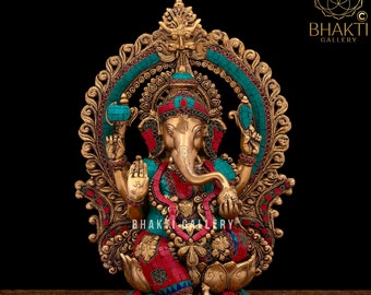 Brass Ganesha Statue, 40 cm Big Large Size Brass Ganesh Statue with Stonework, House warming gift, hindu wedding gift, Elephant God Statue.