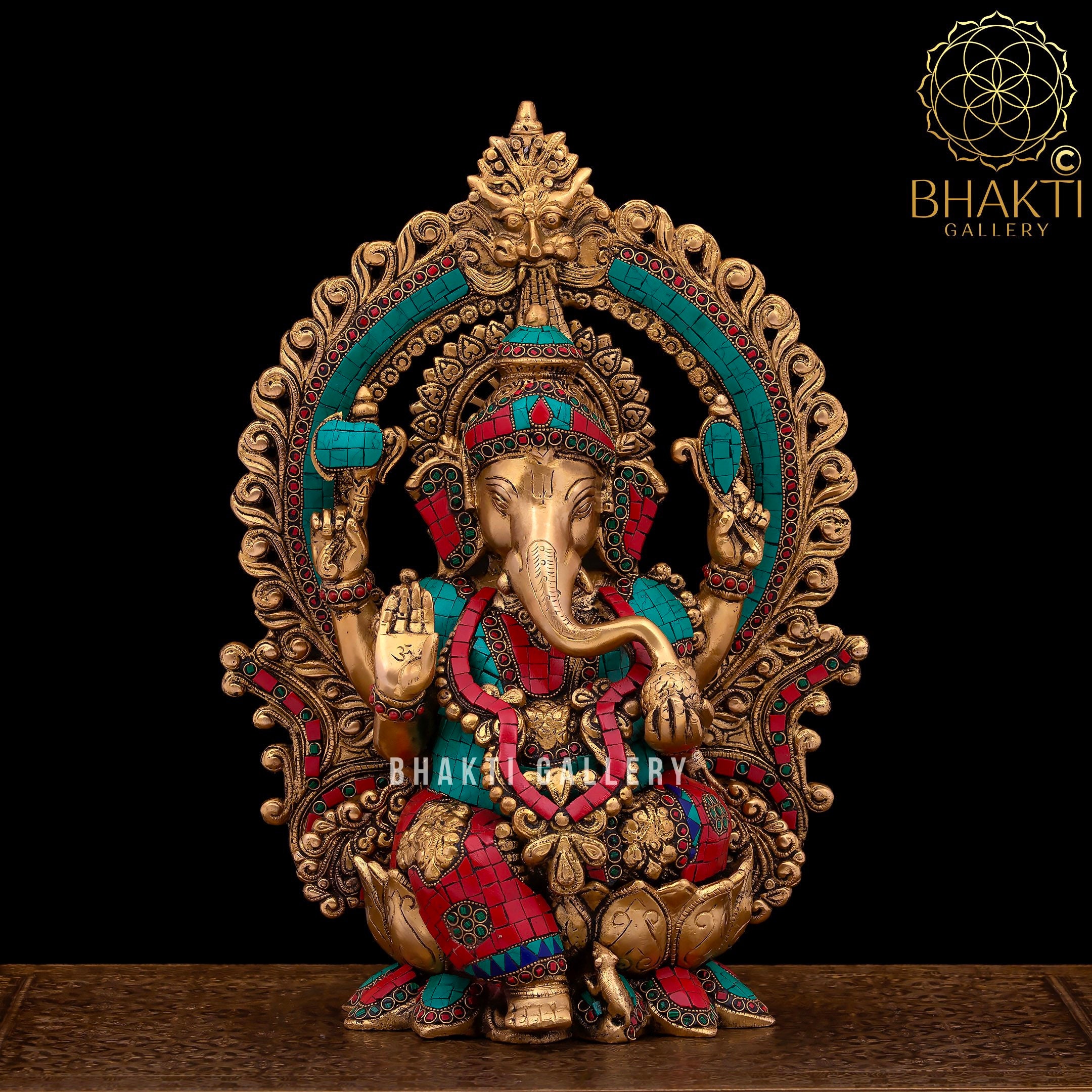 Brass Ganesha Statue, 40 cm Big Large Size Brass Ganesh Statue with Stonework, House warming gift, hindu wedding gift, Elephant God Statue
