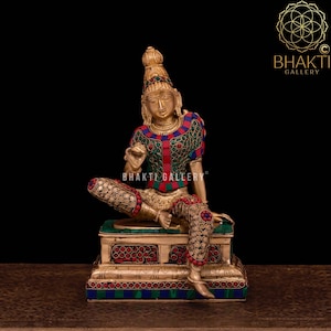 Brass Goddess Parvati Statue with Stonework, 27 cm Brass Parvati Idol, Divine Mother of Ganesha, Gauri, Hindu Goddess of Love & Devotion