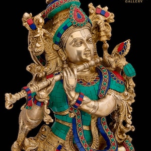 Krishna Statue Large, 75 cm Big Size Brass Lord Krishna Idol with Stonework, Krishn Bhagavan, Home Entrance Decor, Hindu Marriage gift