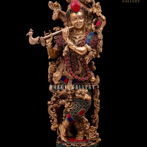 Lord Krishna Statue with Stonework, 36 cm Big Brass Krishna Statue, Hindu Marriage Anniversary gift, Krishn Bhagwan ki Murti, Krisna Morti