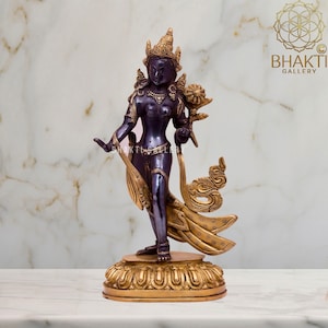 Standing Tara Statue, 31 cm Black Golden Finish Brass Tara Statue, Tibetan Goddess, Buddhism, Female Shakti, Bodhisattva, Buddhist Savior