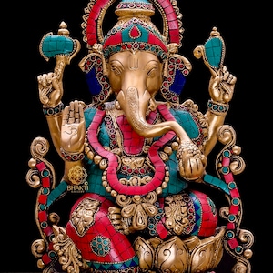 Brass Ganesha Statue with Stonework, 32 cm Brass Ganesh Statue, Elephant God Statue, Housewarming gift, Good Luck gift for new beginnings
