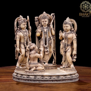 Ram Darbar Statue, 20 cm Big Ivory Looks Antique Finish Dust Marble Ramdarbar Statue, Lord Rama Family Idol, Shri Ram Darbar Murti
