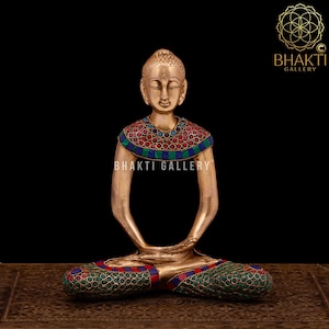 Brass Abstract Buddha Statue with Stonework, 25 cm Big Abstract Art Meditating Brass Lord Buddha Idol, Meditation room Yoga Studio Decor