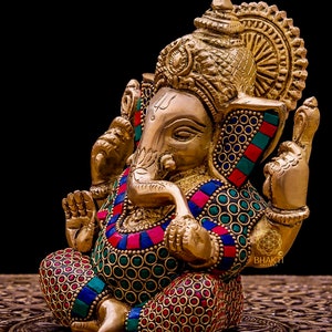 Brass Ganesha Statue, 14 cm Small Size Brass Ganesh Statue with Stonework, Hindu Elephant God Deity, Good Luck Gift for New Beginnings. image 8