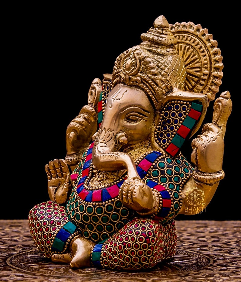 Brass Ganesha Statue, 14 cm Small Size Brass Ganesh Statue with Stonework, Hindu Elephant God Deity, Good Luck Gift for New Beginnings. image 8