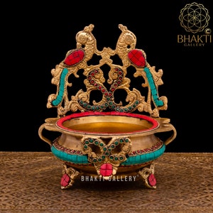 Brass peacock Urli with Stonework, 21 cm Small Size Peacock Design Brass Urli, Floating flowers Candles Diya Bowl. Home Office Hotel Decor