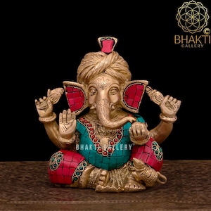 Brass Ganesha Statue with Stonework, 16 cm Small Brass Ganesh Statue, Ganapathi Idol, Good Luck Gift for New Beginnings, Housewarming gift