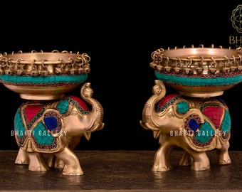 Brass Elephant Urli Decorated with Stonework, 20 cm Big Elephant Brass Urli, House warming gift, Hindu Good Luck gift, Uruli with Elephant
