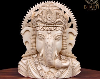 Ganesha Bust Statue, 21 cm Big Ivory Looks Antique Finish Dust Marble Lord Ganesha Bust, Religious Home Decor, Ganapathi Bust