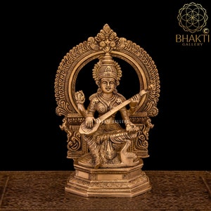Brass Saraswati Statue, 25 cm Golden Finish Goddess Saraswati Statue, Brass Sarasvati Idol, Hindu Mother goddess of Arts Music & Knowledge