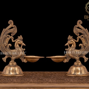 Brass Peacock Diya Set of 2, 20 cm Annam Bird Design Brass Oil Lamp 2 piece Set, Traditional Indian Oil Lamp, Brass Decorative Diya Deepak