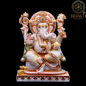 Marble Ganesh Murti, 38 cm Big Large Size Hand Painted Cultured Marble Ganesha Statue, Hindu Temple Religious Home Office Decor, Ganpati