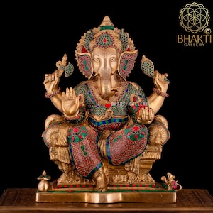 Large Ganesha Brass Statue, Relaxing Brass Ganesh Sculpture with Mosaic Stonework, Elephant Hindu God, Good Luck Gift for New Beginnings
