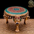 Brass Round Chowki with Elephant Pillars and Bells with Mosaic Stonework, Brass Pooja Chowki for Home Temple, Religious Home Decor