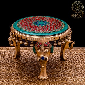 Brass Round Chowki with Elephant Pillars and Bells with Mosaic Stonework, Brass Pooja Chowki for Home Temple, Religious Home Decor